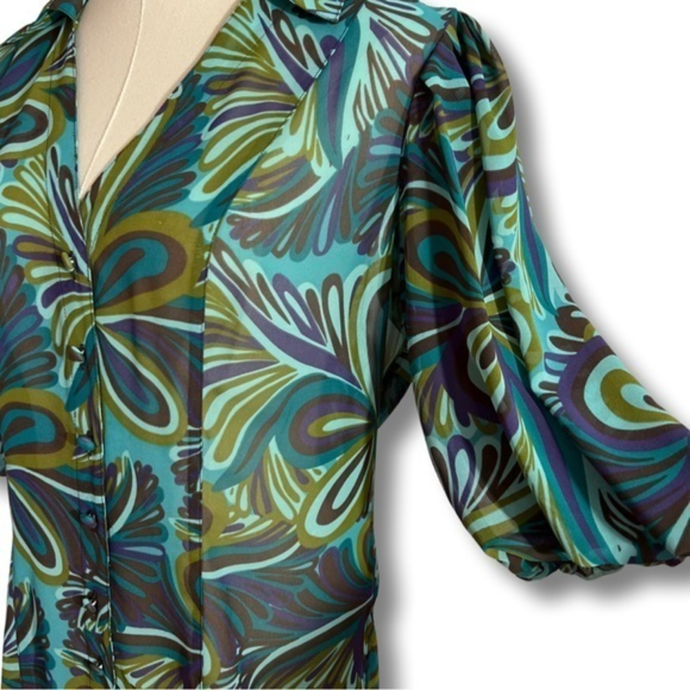 Bisou Bisou Sheer Blouse Collared Button-down‎ Balloon Sleeve M